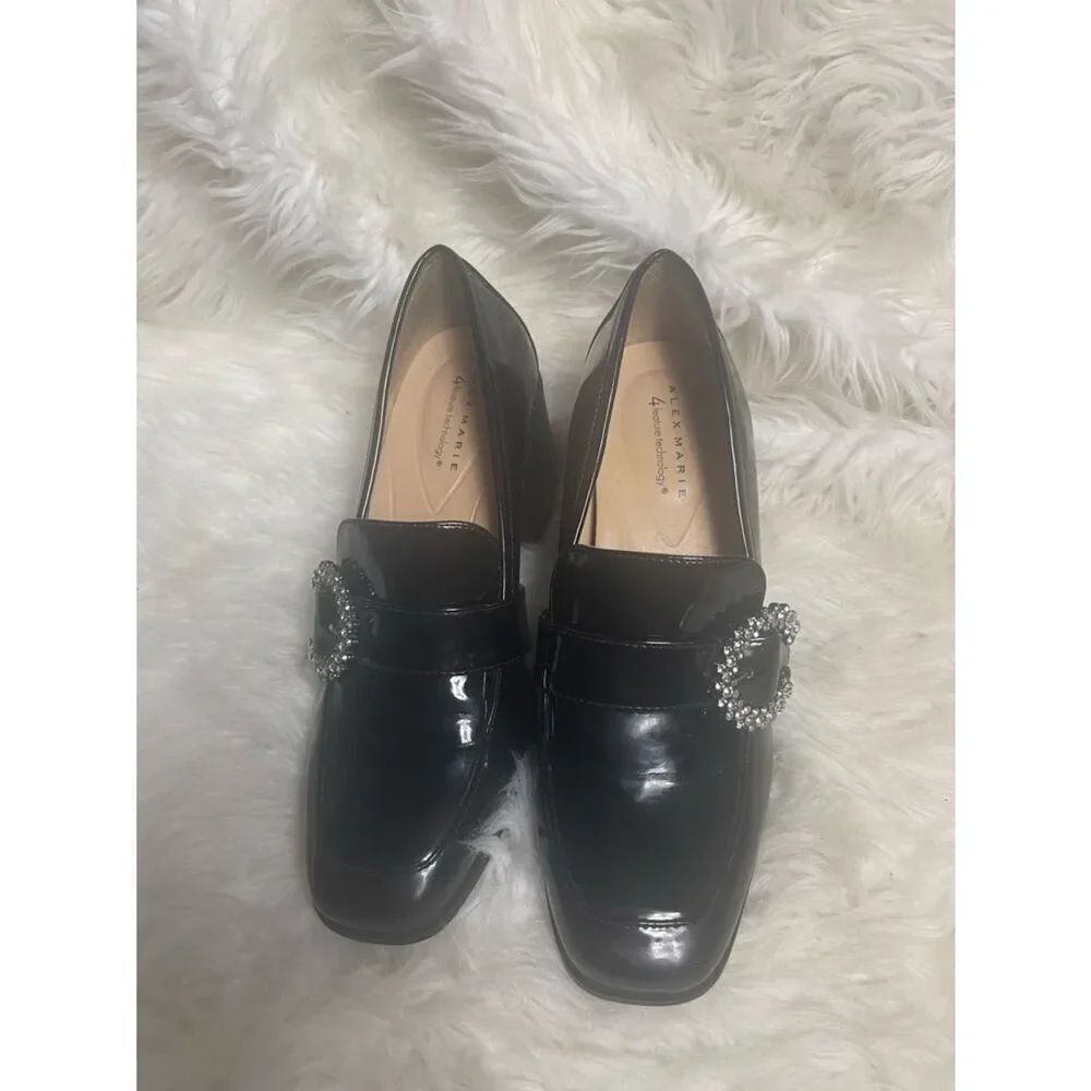 Alex Marie Black Patent Loafer with Rhinestone Buckle SZ10M